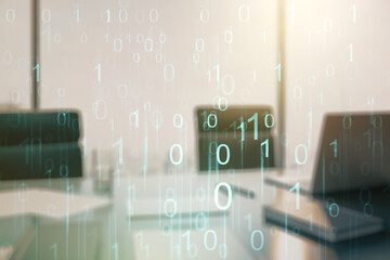 Aufkleber - Creative abstract binary code hologram and modern desktop with pc on background, AI and machine learning concept. Multiexposure