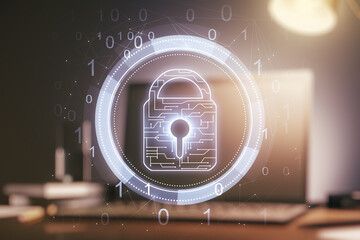 Poster - Creative light lock illustration with microcircuit on modern computer background, cyber security concept. Multiexposure