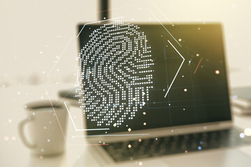 Poster - Multi exposure of abstract graphic fingerprint sketch on modern computer background, fingerprint scan data concept