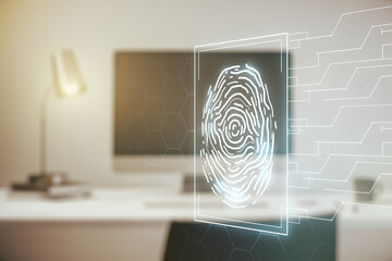 Aufkleber - Multi exposure of abstract fingerprint scan interface on computer background, digital access concept