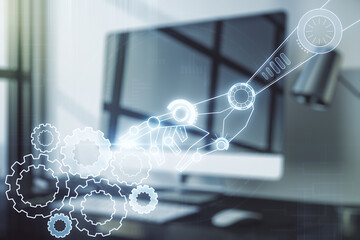 Aufkleber - Creative concept of robotics technology on modern laptop background. Robot development and automation concept. Multiexposure