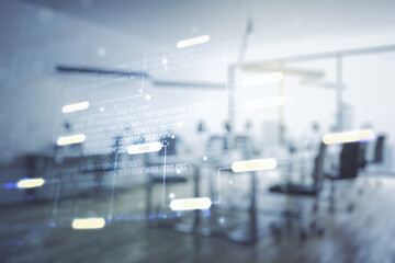 Aufkleber - Multi exposure of abstract programming language hologram on a modern furnished office interior background, artificial intelligence and machine learning concept