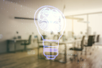 Poster - Abstract virtual idea concept with light bulb and human brain illustration on a modern furnished office background. Neural networks and machine learning concept. Multiexposure