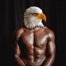 Black Muscular Athletic Man Torso With Bald Eagle Head, Front View Photo Manupulation