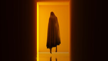Halloween Ghost Orange Corridor With A Polished Floor Creepy Floating Woman Evil Demon Ghostly Figure 3d Illustration Render