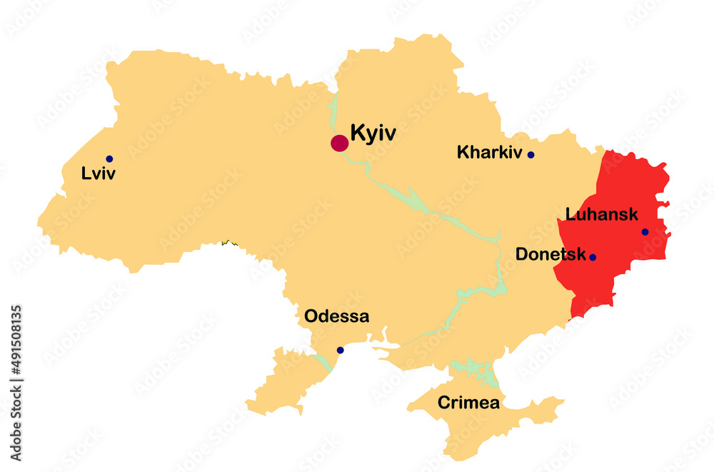 Map of Ukraine showing Major Cities, concept of war and military ...