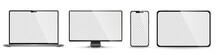Device Screen Mockup. Smartphone, Tablet, Laptop And Monoblock Monitor, With Blank Screen For You Design. PNG. Vector Illustration	