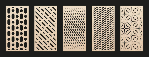 Wall Mural - Collection of laser cut panels. Abstract geometric patterns with circles, lines, halftone effect, gradient, grid. Decorative stencil for laser cutting of wood, metal, paper, acrylic. Aspect ratio 1:2