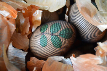 Wall Mural - Easter egg decorated with leaf and prepared for natural dyeing with onion skins