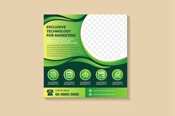 Poster - exclusive technology for marketing social media post banner design Template. dark green background with space for photo, infographic icon and text. green wave gradient on element.
