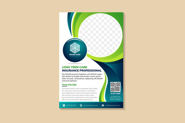 Poster - abstract flyer template design use a headline is long term care professional insurance. vertical layout with space for circle photo collage and text. blue and green gradient and elements.