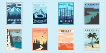 Set Of Outdoor Nature Poster Minimalist Vintage Vector Illustration Template Graphic Design. Bundle Collection Of Various National Park Concept At Beach Forest Lake And Wildlife