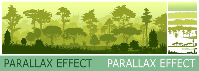 Wall Mural - dense jungle forest in morning mist. silhouettes of tall trees. horizontally composition illustratio