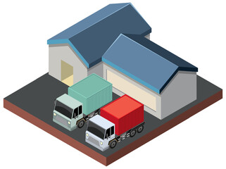 Poster - Isometric warehouse building with delivery truck