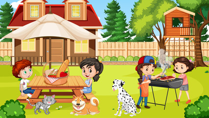 Wall Mural - Scene of backyard with kids and fence