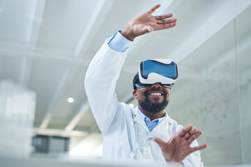 Poster - Shaping a whole new world through science. Shot of a mature scientist using a virtual reality headset while working in a lab.