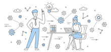 People Work And Do Brainstorm In Office. Concept Of Business Idea, Teamwork, Team Meeting. Vector Doodle Illustration Of Man And Woman With Laptop On Workplace, Light Bulb And Gears
