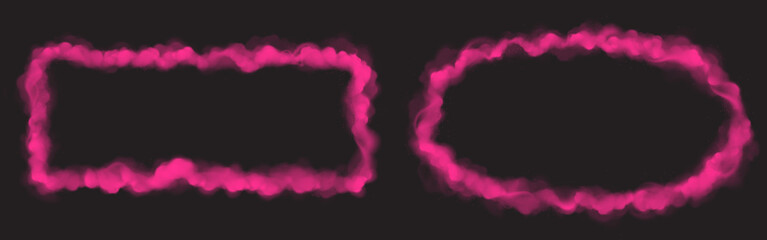 Wall Mural - pink smoke clouds frames isolated on black background. vector realistic set of rectangular and oval 