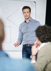 Poster - We never fail to plan. Creative professional using a white board to give a presentation in a bright modern meeting room.