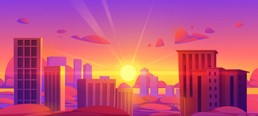 Wall Mural - Sunset sky over city with clouds, skyscrapers and sun. Vector cartoon illustration of cityscape with high buildings, urban landscape with downtown towers at evening