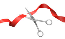 Realistic Scissors And Red Ribbon