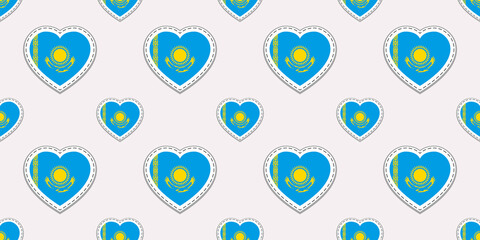 Kazakhstan flag seamless pattern. Kazakhstani vector stickers. Love hearts symbols repeated background. Good choice for sports pages, travel, geographic, elements. patriotic wallpaper