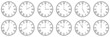 horizontal set of analog clock icon with roman numeral notifying each hour isolated on white,vector illustration