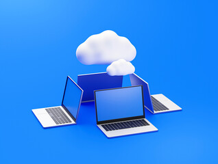 Fototapete - Laptops and Cloud computing network technology infrastructure data diagram icon or symbol 3D rendering