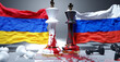 Armenia and Russia war, conflict and crisis. National flags, chess kings stained in blood and fallen chess pawns symbolize an unneeded conflict that brings pain and destruction., 3d illustration