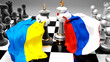 Ukraine Russia war, conflict, confrontation. Fighting between Ukraine Russia, symbolized by a stand off between two kings of a chess game with national flags, 3d illustration