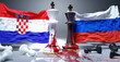 Croatia and Russia war, conflict and crisis. National flags, chess kings stained in blood and fallen chess pawns symbolize an unneeded conflict that brings pain and destruction., 3d illustration