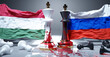 Hungary and Russia war, conflict and crisis. National flags, chess kings stained in blood and fallen chess pawns symbolize an unneeded conflict that brings pain and destruction., 3d illustration