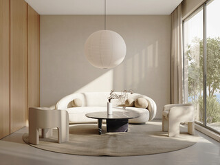 3d interior of a japandi style interior living room a design with simplicity, natural elements, and 