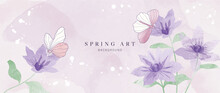 Spring Season On Watercolor Texture Background. Hand Drawn Floral And Insect Wallpaper With Purple Flowers, Butterflies, Leaf. Blossom Garden Art Design For Banner, Cover, Decoration, Poster.
