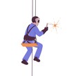 Worker hanging on ropes. Industrial alpinist welder suspended to safety harness with professional equipment for welding. Work at height, alpinism. Flat vector illustration isolated on white background