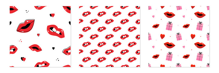 Wall Mural - Set, collection of three seamless pattern background with red lips, hearts and gifts for make up and valentines day design.
