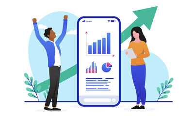 Fototapete - Successful online business results - Man and woman in casual clothes with rising chart and green arrow pointing up. Flat design vector illustration with white background
