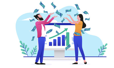 Fototapete - Financial success - Man and woman in casual clothes cheering and celebrating making money in front of computer with rising chart and green arrow pointing up. Flat design vector illustration