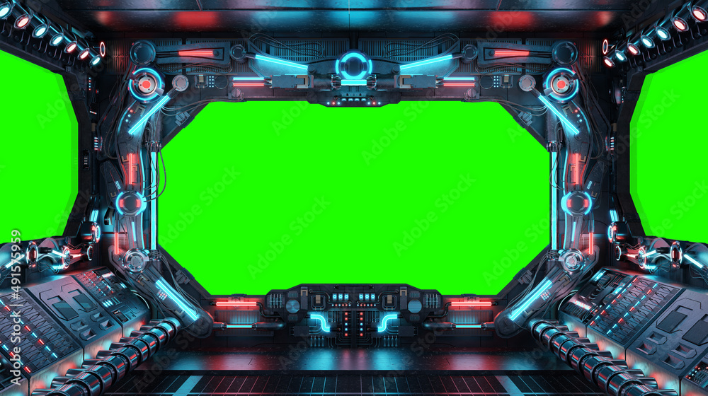 Dark spaceship interior with isolated window. Futuristic spacecraft ...
