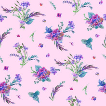 Seamless Pattern With Hydrangea Flowers On Pink Drawn With Watercolors And Pencils For Summer Textile And Design For Girls