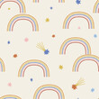Multicoloured childish rainbows in starry sky with fallen stars vector seamless pattern. Boho baby celestial background. Bright arcs stellar skies surface design for kids fashion and nursery decor.