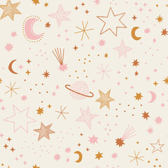 cute celestial childish night sky space stars planets crescent vector seamless pattern. boho baby un