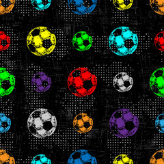 Wall Mural - multicolored soccer balls, geometric elements and grunge texture