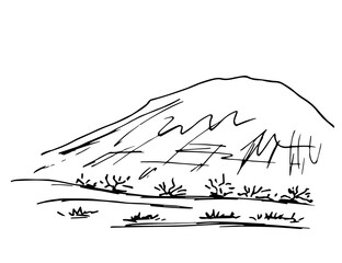 Wall Mural - Simple hand-drawn vector black and white ink drawing. Mountain wild landscape, rocky desert area, dry grass. Nature, tourism and travel.