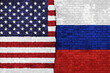 © bennymarty - American and Russian flag on broken wall. Concept of conflict, war and custom duty. America VS Russia. Dollar ruble exchange currency and international commercial tension and crisis. 3D illustration.