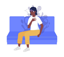 Poster - Lady having panic attack semi flat color vector character. Sitting figure. Full body person on white. Feel anxious and stressed simple cartoon style illustration for web graphic design and animation