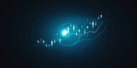 Poster - Glowing blue business chart hologram with globe on blurry backdrop. Stock, trade and finance concept. 3D Rendering.