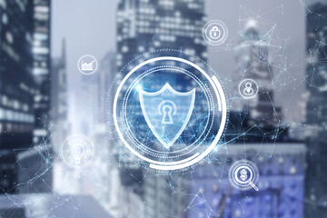 Poster - Glowing shield hologram on blurry city background. Antivirus, protection and safety concept. Double exposure.
