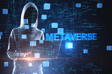 Aufkleber - Hacker in hoodie with laptop on abstract glowing blue metaverse background. Game, hacking, connection and AI concept. Double exposure.
