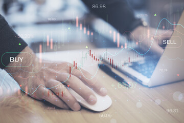Poster - Close up of businessman hands using laptop keyboard with glowing forex chart on blurry desktop background. Trade, finance and money concept. Double exposure.